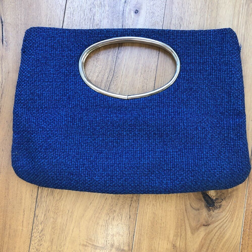 Vintage Circle Handle Handbag / Purse Blue Tweed